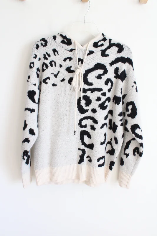 White Birch Off-White Leopard Print Soft Knit Hooded Sweater | S Seamless Knitted Crochet