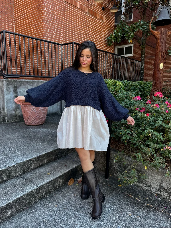 Navy & Beige Oversized Knit Sweater Dress Glossy Satin Silk