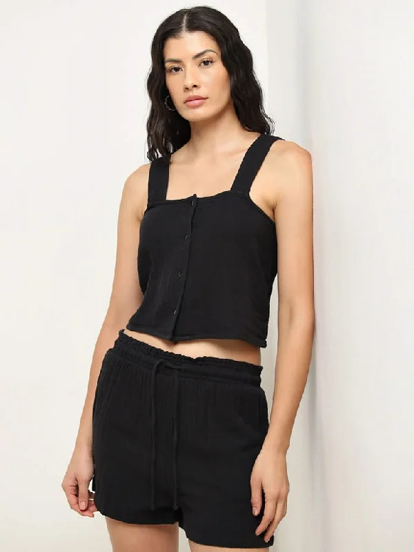 Wunderlove Black Crinkle Texture Cotton Beach Crop Top Nylon Fabric Polyester Fabric Spandex Fabric Wunderlove Black Crinkle Texture Cotton Beach Crop Top Nylon Fabric Polyester Fabric Spandex Fabric