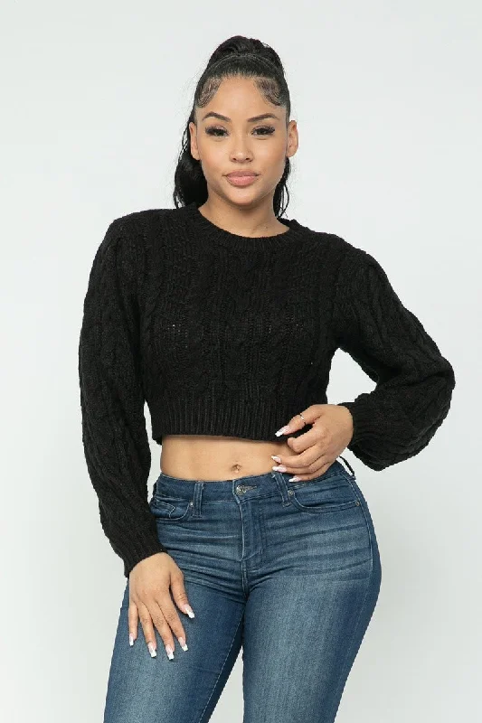 Cable Pullover Top Bishop Sleeve Elegant
