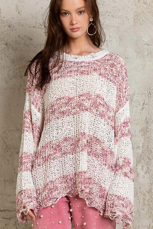 POL Distressed Lightweight Open Knit Sweater - Mauve Multi Tailored Straight A-Line