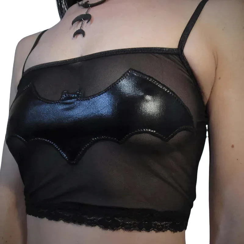 Gothic Black Camis Sexy Crop Top With Batman Pattern For Women / Female Patchwork Clothing Chenille Brocade Lace Gothic Black Camis Sexy Crop Top With Batman Pattern For Women / Female Patchwork Clothing Chenille Brocade Lace