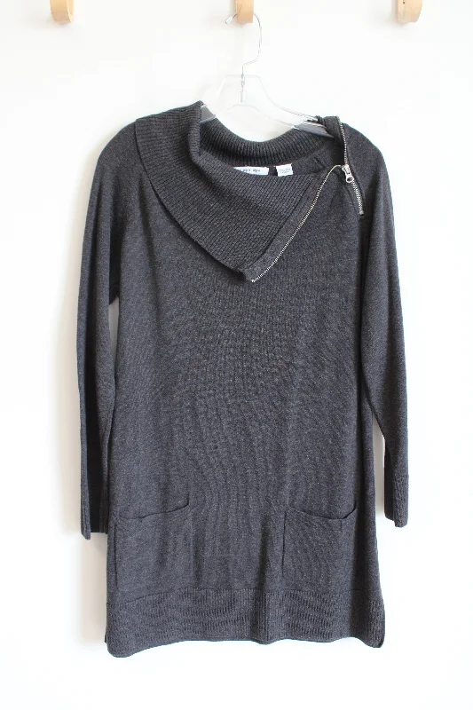 Eight Eight Eight Dark Gray Cowl Neck Zipper Sweater | L Notch Collar Peter Pan Collar Cowl Neck
