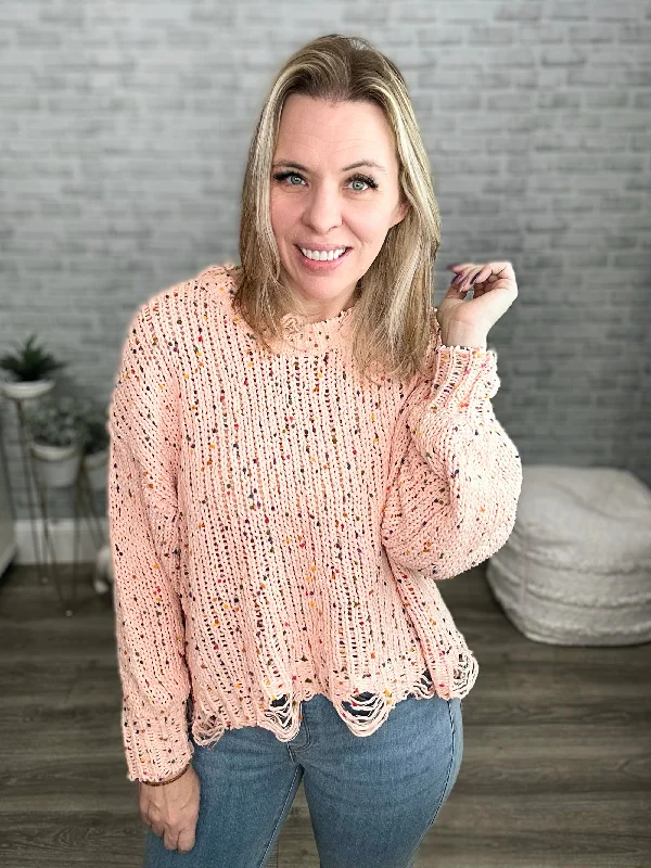 Pink Confetti Sprinkle Cable Knit Distressed Sweater Soft Cozy Warm