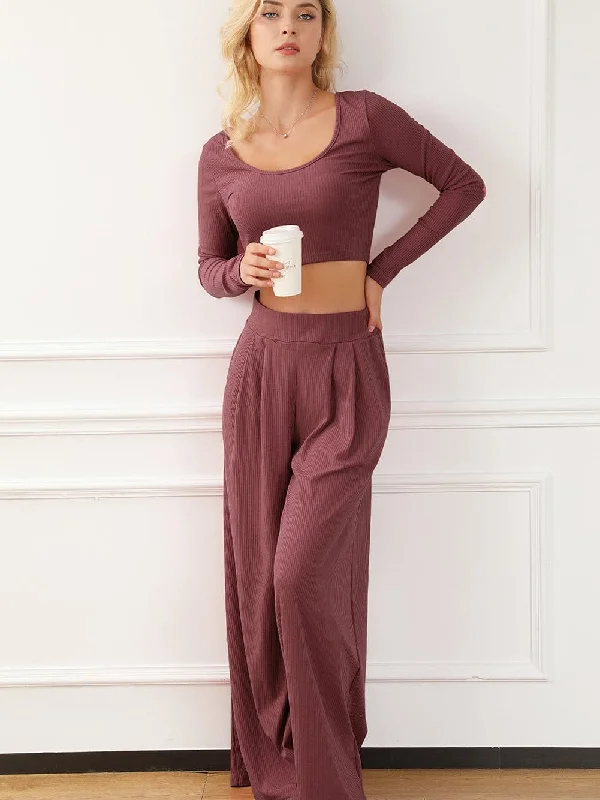 High-Waisted Knit Wide Leg Pants and Crop Top Set Zippered Front Buttoned Front Snap Front High-Waisted Knit Wide Leg Pants and Crop Top Set Zippered Front Buttoned Front Snap Front