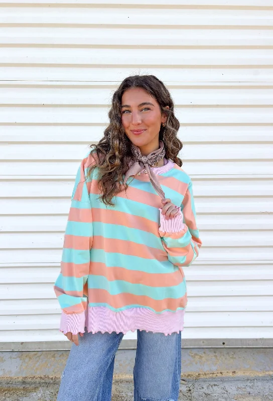 Mint to Be Striped Pullover Mock Neck Pullover