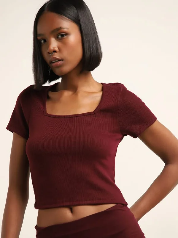 Superstar Dark Brown Ribbed Crop Top Satin Blend Silk Blend Wool Blend