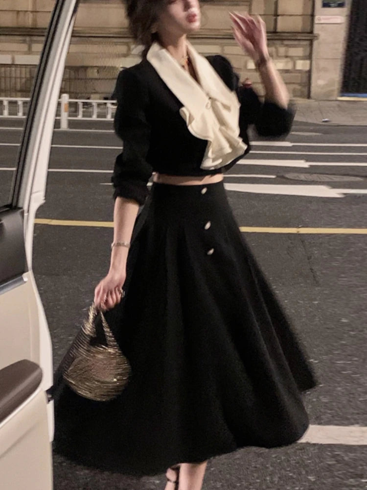 Yipinpay Suit 2024 Autumn Elegant 2 Piece Dress Set Office Lady Long Sleeve Crop Tops + Casual Black Midi Skirt Woman Slim Retro Welt Pockets Slit Pockets Flap Pockets Yipinpay Suit 2024 Autumn Elegant 2 Piece Dress Set Office Lady Long Sleeve Crop Tops + Casual Black Midi Skirt Woman Slim Retro Welt Pockets Slit Pockets Flap Pockets