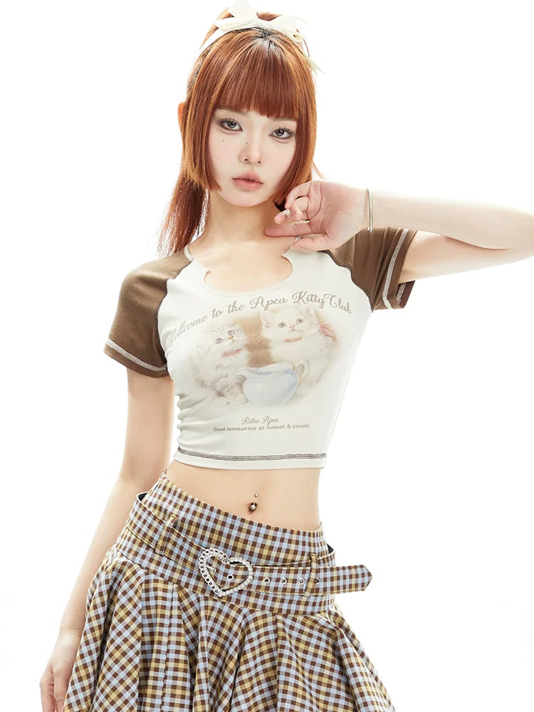 Kitten Print Crop Top Handmade Hand-knitted Hand-woven
