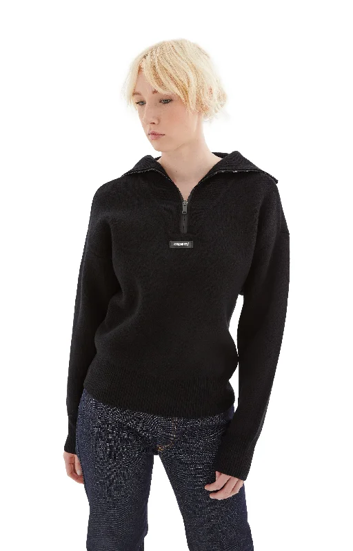 Half-Zip Boxy Sweater (Black) Houndstooth Herringbone Solid