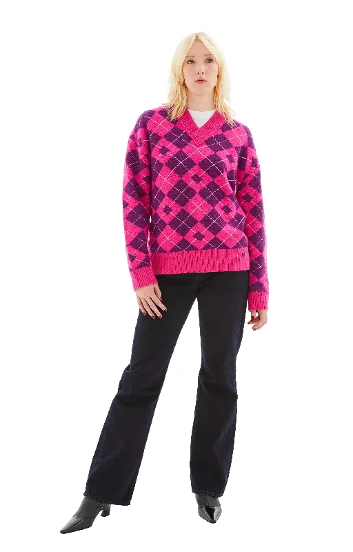 V-Neck Printed Sweater (Pink/Purple) Satin Blend Silk Blend Wool Blend