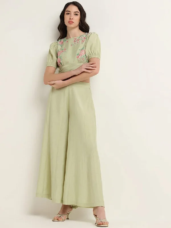 Vark Green Floral Embroidered Crop Top & Palazzos Set Chenille Blend Fleece Blend Nylon Blend