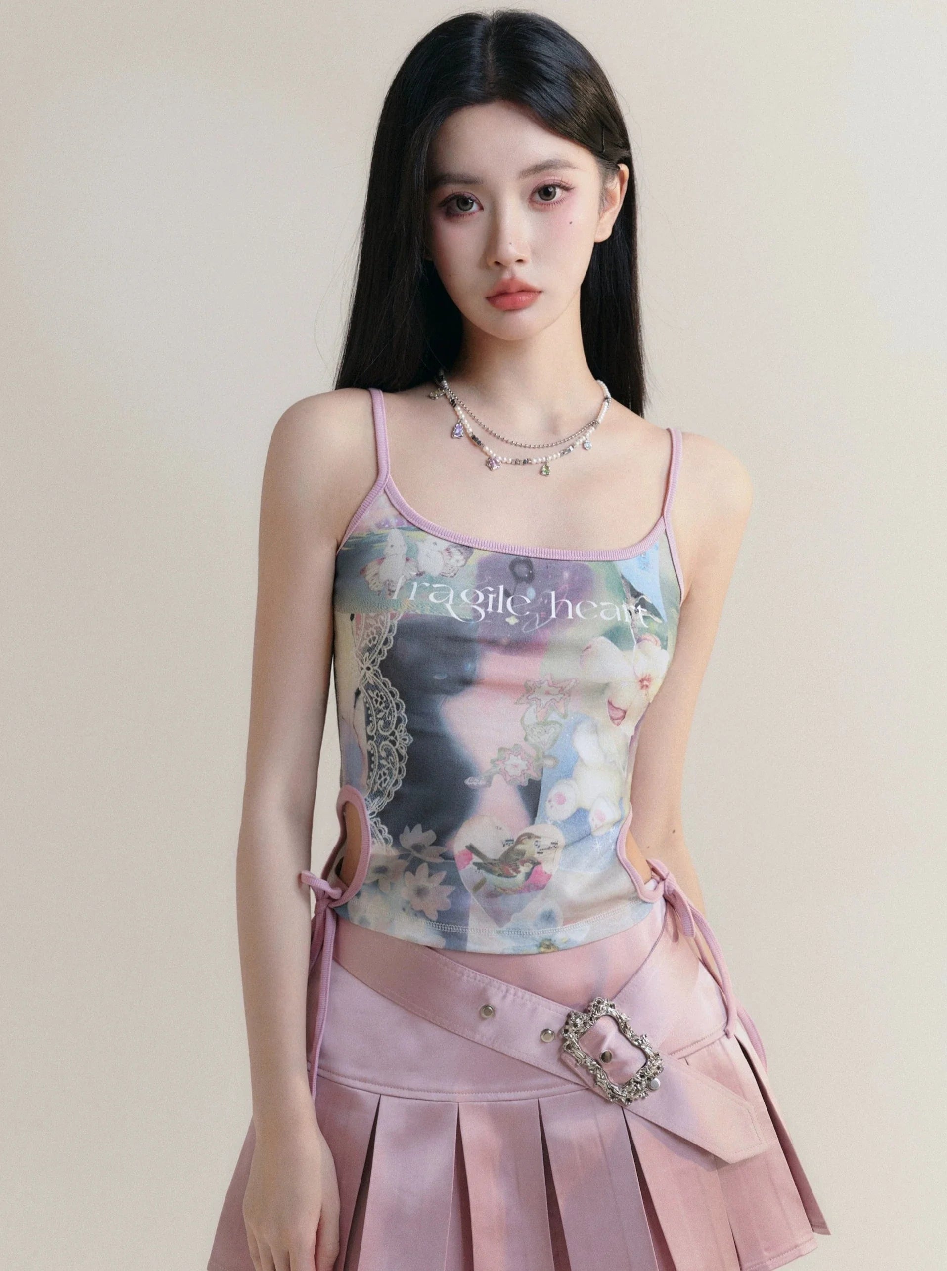 Watercolor Tie-Side Spaghetti Strap Crop Top Spandex Blend Rayon Blend Denim Blend