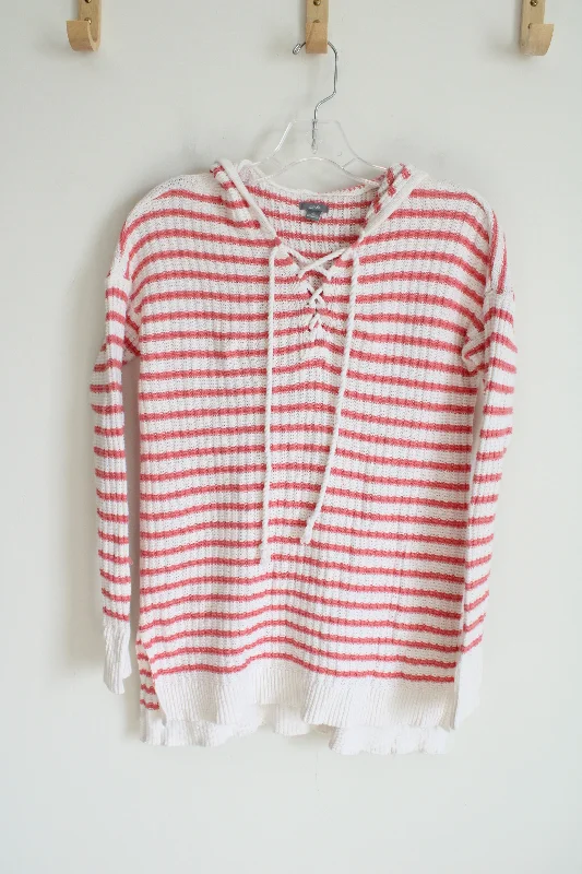 Aerie Coral & White Knit Sweater Hoodie | S Open Front Closed Front Wrap Front