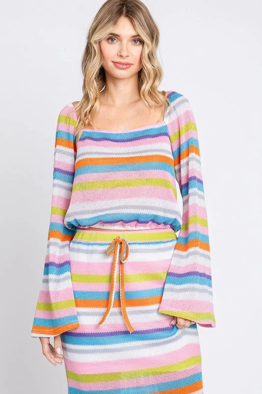 Geegee Multi-Color Stripe Crop Top Satin Fabric Silk Fabric Chiffon Fabric