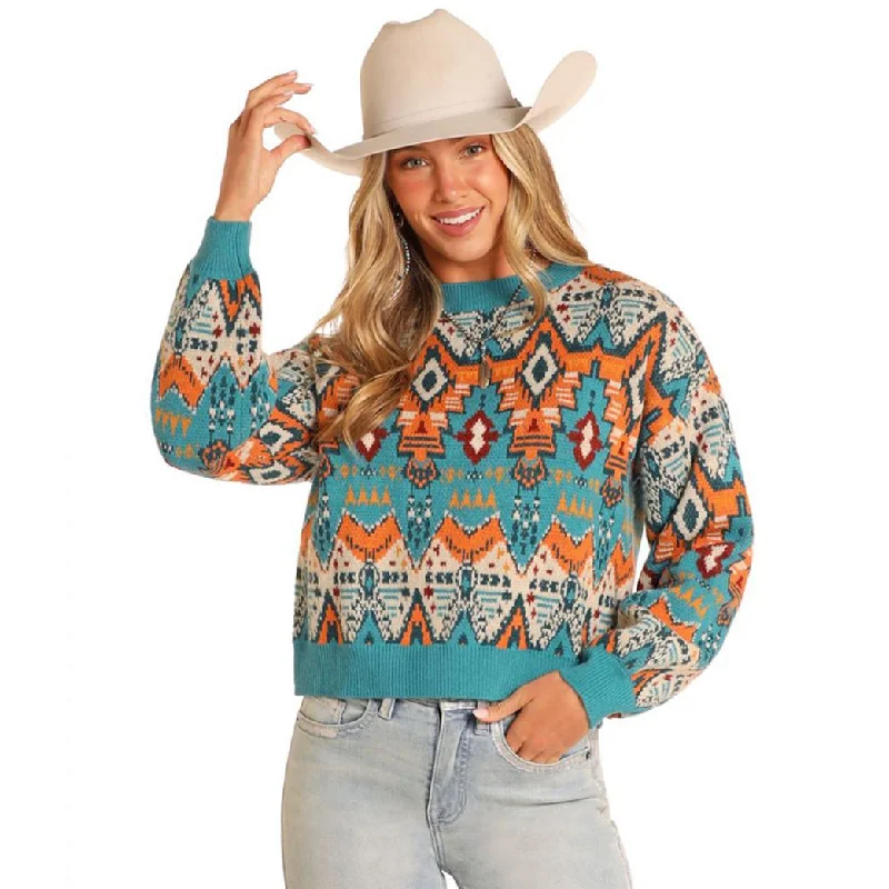 Rock & Roll Denim Women's Aztec Sweater Notch Collar Peter Pan Collar Cowl Neck
