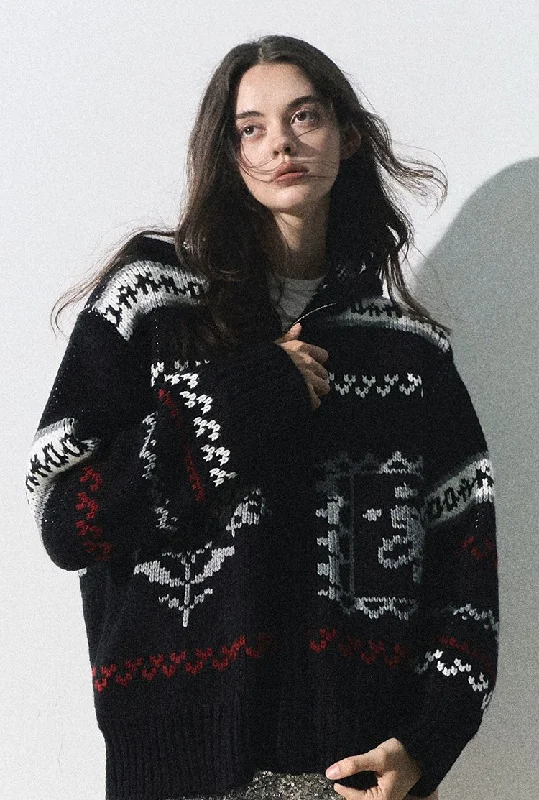Nordic Fair Isle Zip Knit Sweater Faux Fur Fabric Real Fur Fabric Shearling Fabric