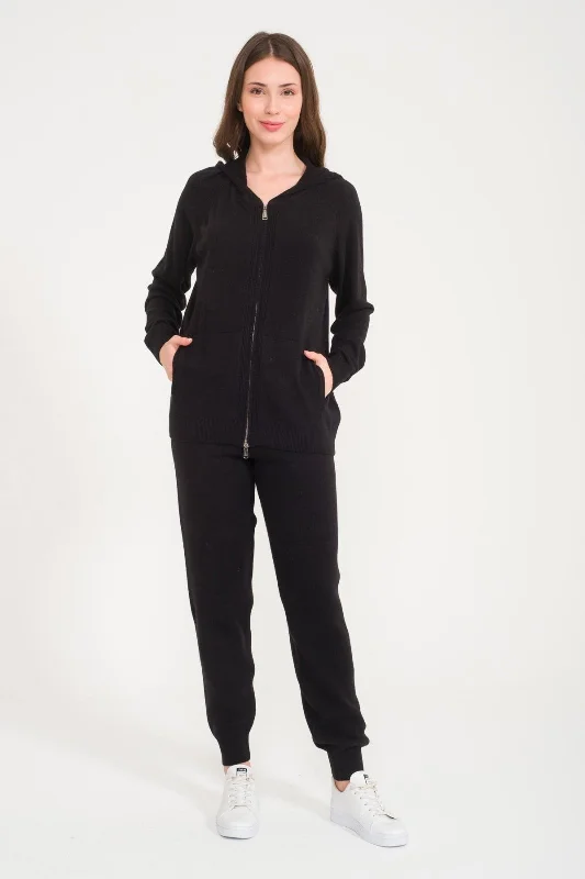 Black Knit Sweater & Pants Set Turtle Neck Boat Neck Asymmetrical Neck