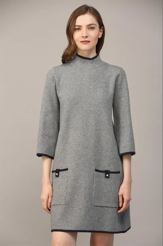 Dress - Mock Neck Sweater Dress - Gray and Navy Lightweight Heavyweight Midweight