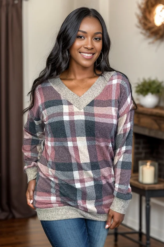Absolute Dream - Plaid Pullover Deep Neck Pullover