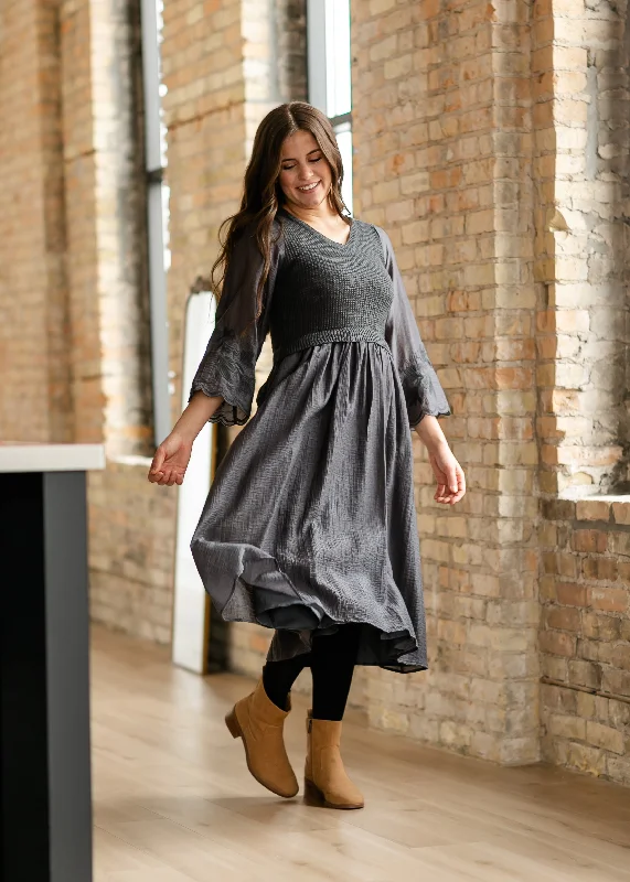 Sweater Mix Embroidered Long Sleeve Midi Dress High Neck Crew Neck V-Neck