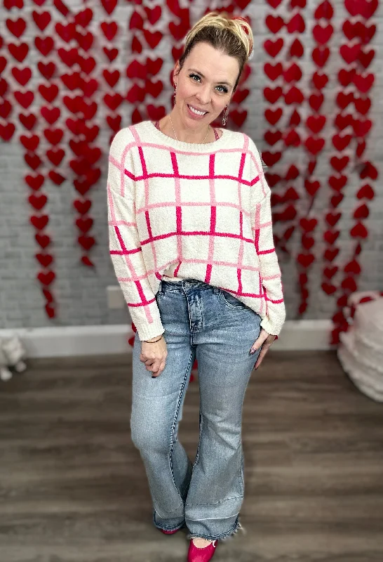 Falling for You Ivory and Pink Plaid Sweater by Jess Lea Mesh Sweater Canvas Denim