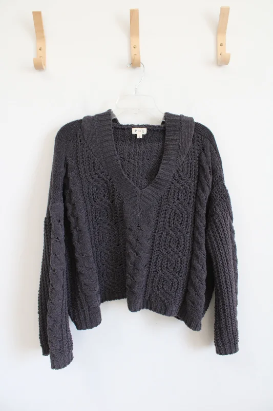 Pol Dark Gray Oversized V-Neck Sweater Hoodie | S Embroidered Appliqued Beaded