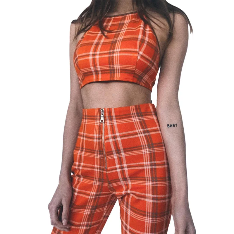 Plaid Sleeveless Crop Top and Pant Outfit Front Pockets Side Pockets Patch Pockets