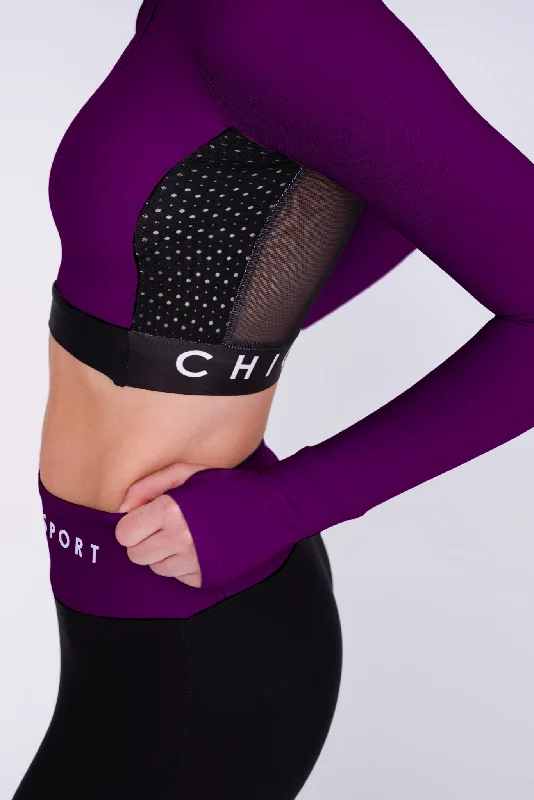 Ignite Long-Sleeve Crop Top in Berry Mesh Canvas Denim