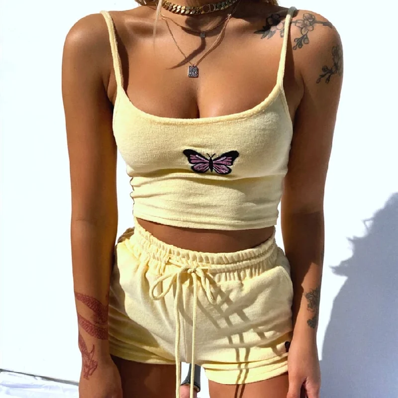 Cute Crop Top & Shorts Set Mesh Canvas Denim