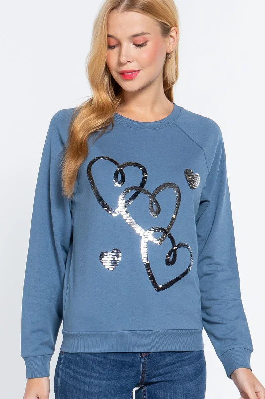 Long Sleeve Sequins French Terry Pullover Top in Vintage Blue Elbow Length Sleeve