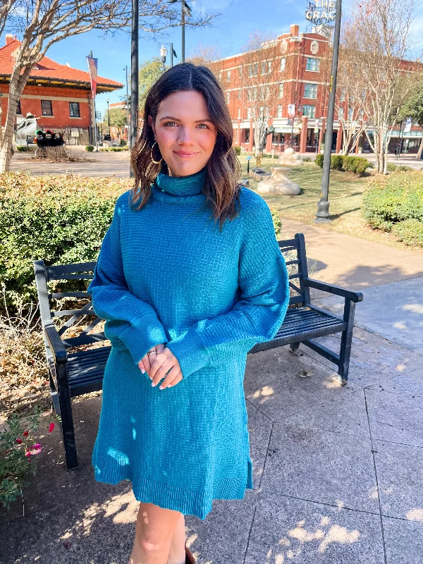 Waffle Knit Turtleneck Sweater Dress- Teal Real Fur Shearling Chenille