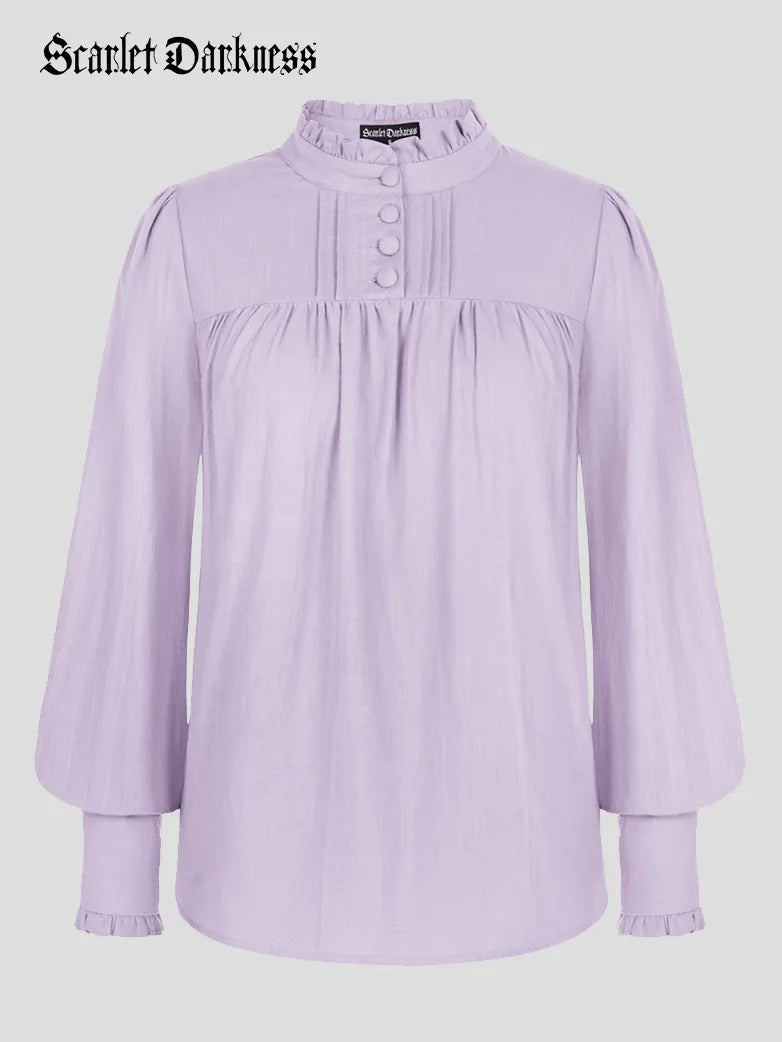 Women Stand Collar Pullover Tops Cotton Blouse Asymmetrical Hem Sweater