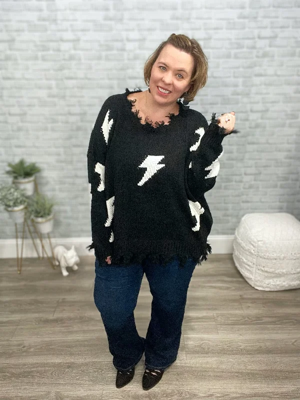 Light Up the Room Distressed Lightning Sweater Solid Color Striped Floral Print