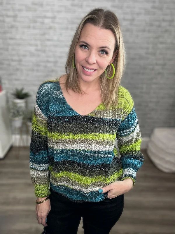 Lime Green & Teal Striped V-Neck Sweater Boat Neck Shawl Collar Notched Collar