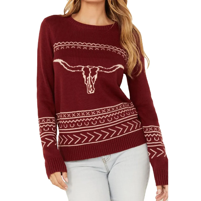 Cotton & Rye Women's Wine Longhorn Sweater Cable Knit Ribbed Knit Lace Knit