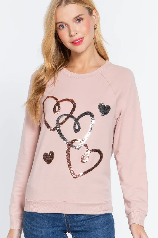 Long Sleeve Sequins French Terry Pullover Top in Pale Pink Cold Shoulder Design