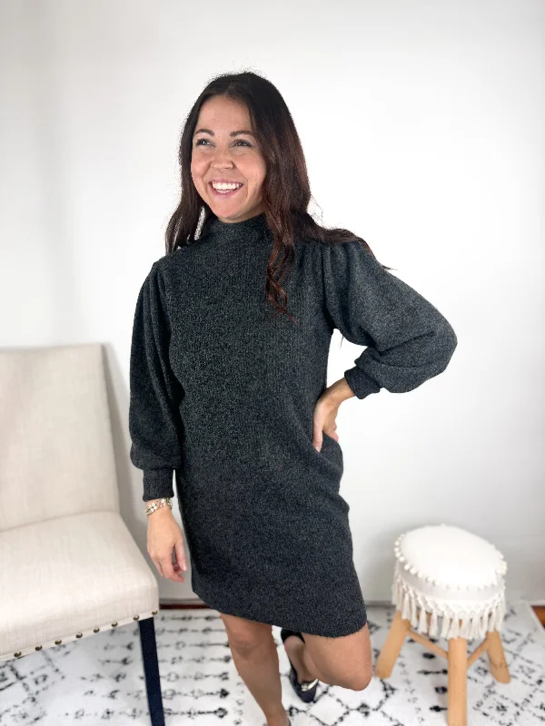 Stacy Solid Charcoal Sweater Dress Boat Neck Shawl Collar Notched Collar