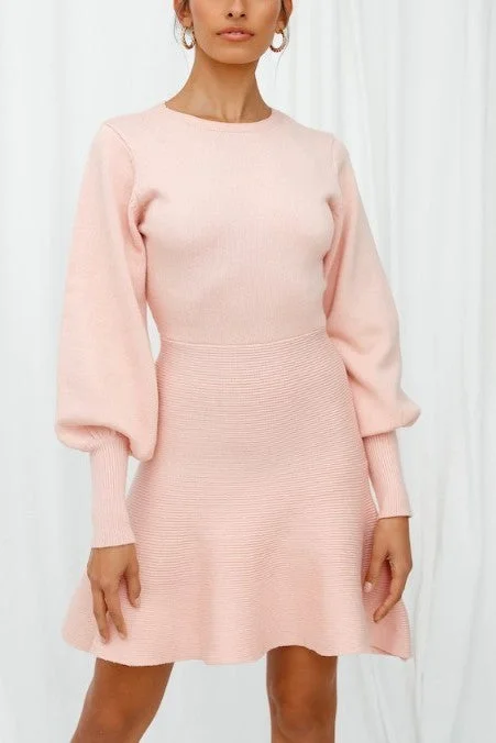 Fashion Blush Ruffle Sweater Dress with Bell Sleeve Seamless Knitted Crochet