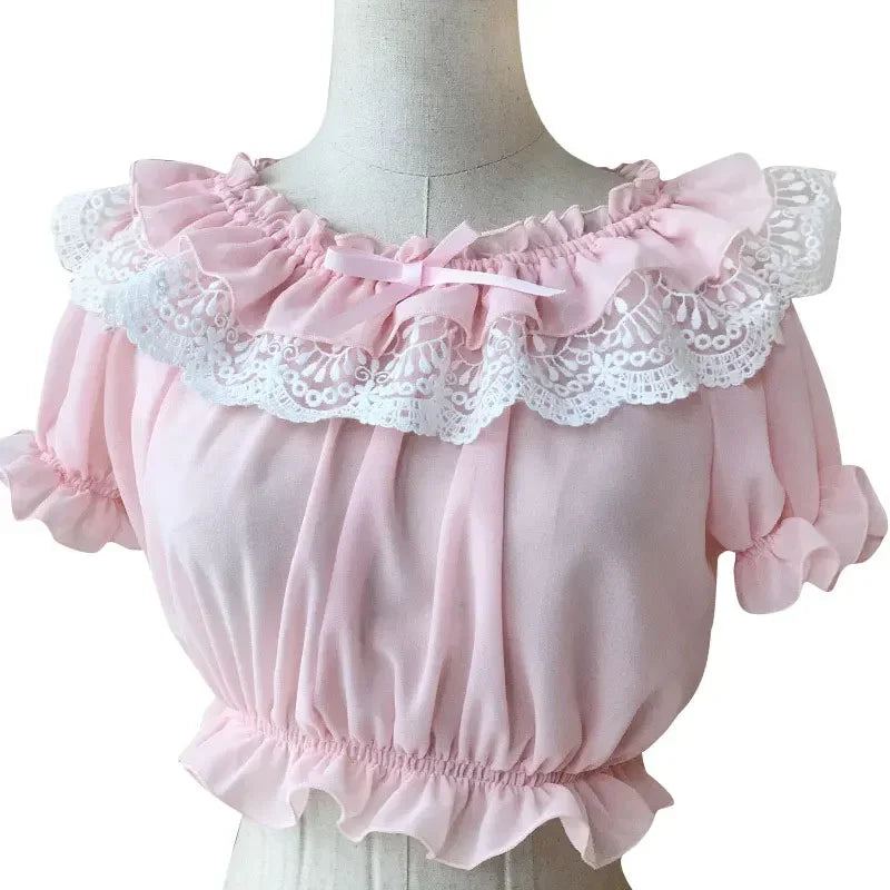 Womens Chiffon Crop Top Summer Short Sleeve Blouse with Lace Detailing Machine Wash Dry Clean Hand Wash Womens Chiffon Crop Top Summer Short Sleeve Blouse with Lace Detailing Machine Wash Dry Clean Hand Wash