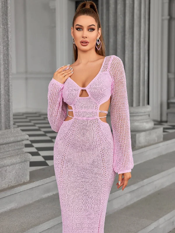 Long Sleeve Cut Out Tie Backless Sweater Dress Anti-Pilling Anti-Shrink Durable