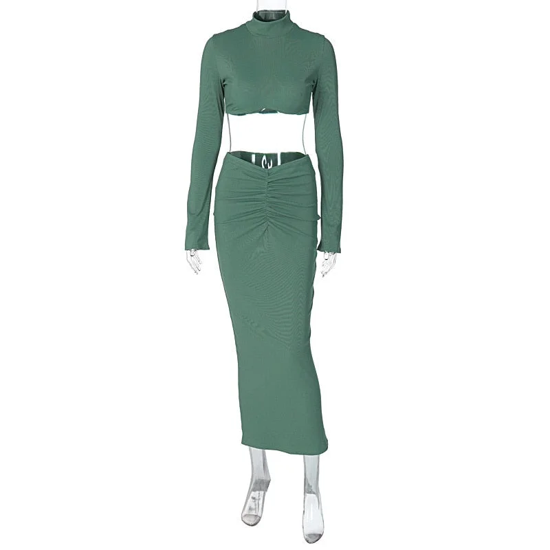 Ribbed Long Sleeve Crop Top And Long Skirt Women Outfits Solid Turtleneck Flare Sleeve Dress Set Female Two Piece Set Plaid Crop Top Polka Dot Checkered Ribbed Long Sleeve Crop Top And Long Skirt Women Outfits Solid Turtleneck Flare Sleeve Dress Set Female Two Piece Set Plaid Crop Top Polka Dot Checkered