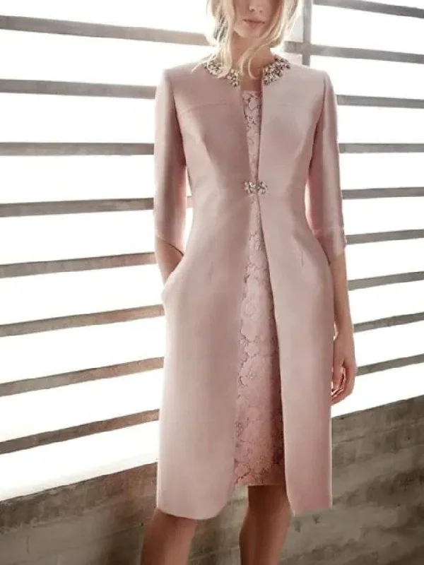 Two Piece Sheath / Column Mother of the Bride Dress Elegant Jewel Neck Knee Length Satin 3/4 Length Sleeve with Beading Appliques