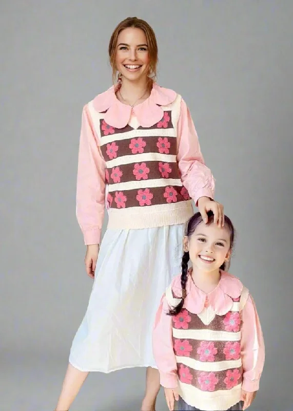 Mother-Daughter Matching Floral Knit Sweater Vest – Pink & Brown Retro Style Chenille Fabric Brocade Fabric Lace Fabric Mother-Daughter Matching Floral Knit Sweater Vest – Pink & Brown Retro Style Chenille Fabric Brocade Fabric Lace Fabric