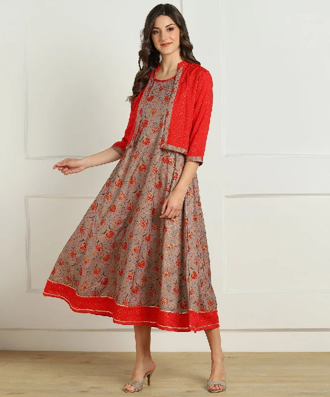 Floral Print Anarkali Kurta with Jacket - Grey/Red Wool Jacket Cashmere Jacket Tweed Jacket Floral Print Anarkali Kurta with Jacket - Grey/Red Wool Jacket Cashmere Jacket Tweed Jacket