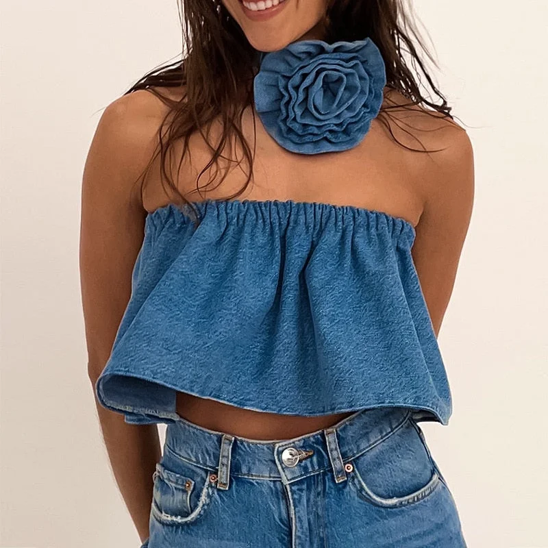 Lizakosht Blue Crop Top Female Denim Corset Women Y2K Off Shoulder Sexy Tube Top Flower Cute Party Wear Beach Holiday Mini Vest Summer Tee Casual Formal Business Lizakosht Blue Crop Top Female Denim Corset Women Y2K Off Shoulder Sexy Tube Top Flower Cute Party Wear Beach Holiday Mini Vest Summer Tee Casual Formal Business