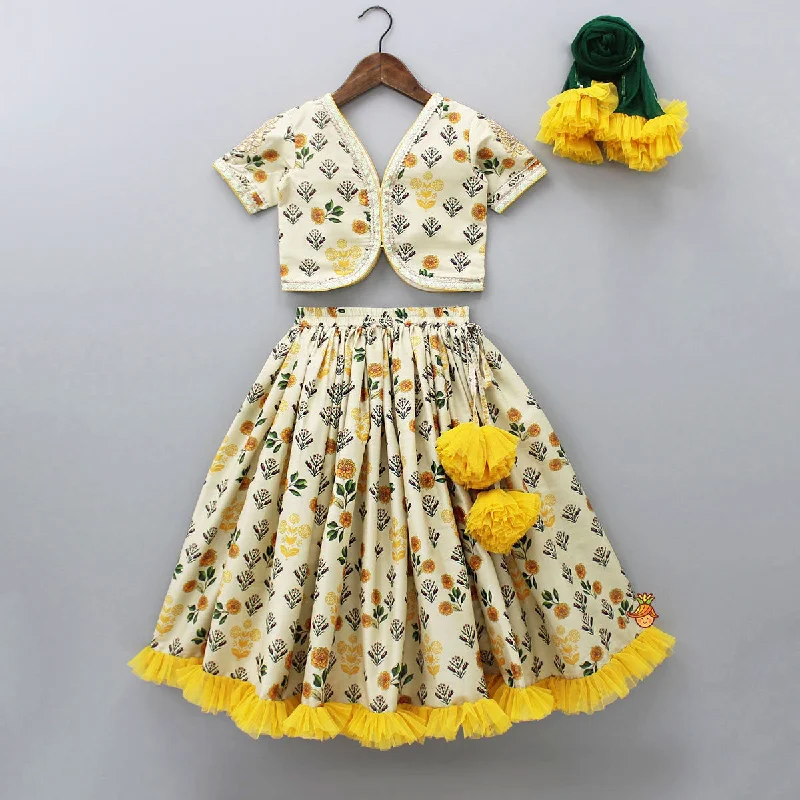 Floral Printed Crop Top With Lehenga And Net Dupatta Anti-Shrink Durable Soft