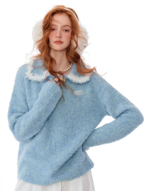 Fur Trim Collar Knit Sweater Ribbed Striped Patterned