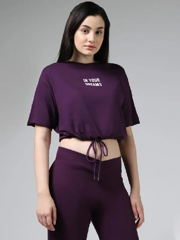 Superstar Dark Purple Typographic Printed Cotton Tie-Up Crop Top Collared Crop Top Boat Neck A-Line