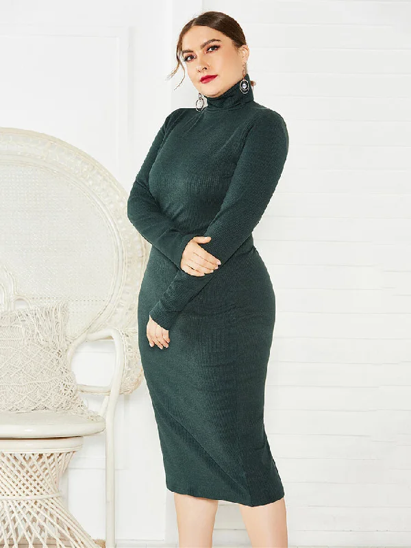 Plus Size Ribbed Pullover Knit Sweater Dresses Shirred Sleeve Feminine